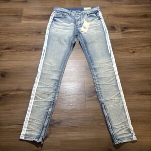 Mnml Jeans Size 31 x 34" Blue Wash Side Paint Stripes Zipper Ankle Butn‎ Fly